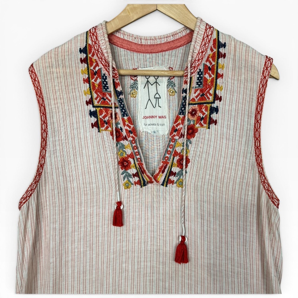 Johnny Was Pete & Greta Dress Large Pink Embroidered Striped Linen Cotton FLAW - Picture 8 of 9